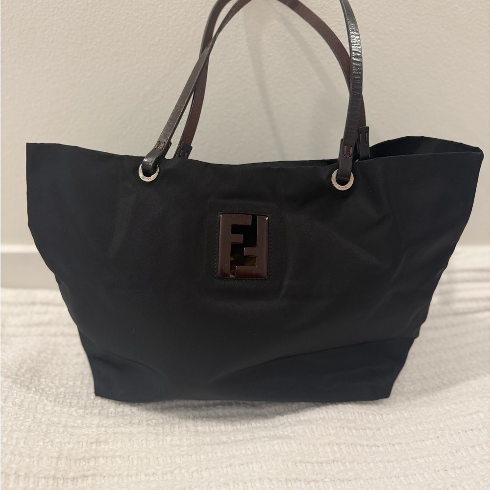 Fendi Black Nylon Tote with Brown Handles